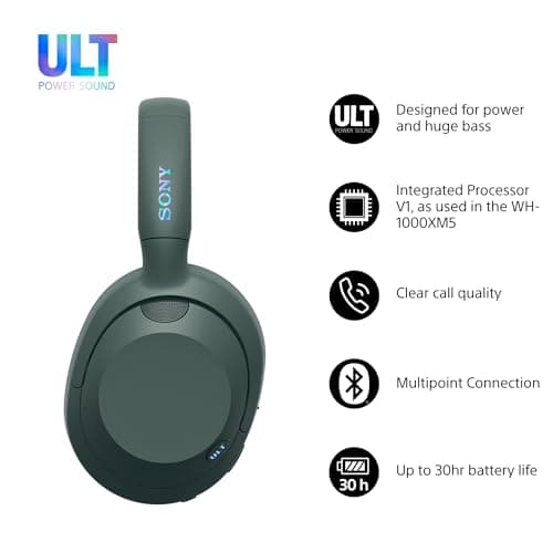 Sony ULT WEAR - Wireless Noise Cancelling Headphones, ULT POWER SOUND, Ultimate Deep Bass, Same Processor as WH-1000XM5, Clear Calls, 30hr Battery, IOS & Android - Forest Gray — view 2