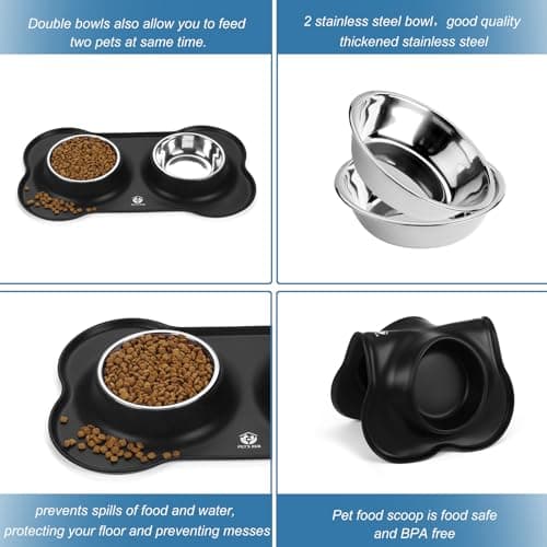 PET'S HUB Pet Feeding Bowl Set, Double Bowls with Silicone Mat Tray for Cats, Puppies, and Small Dogs. (Black, Small) — view 6