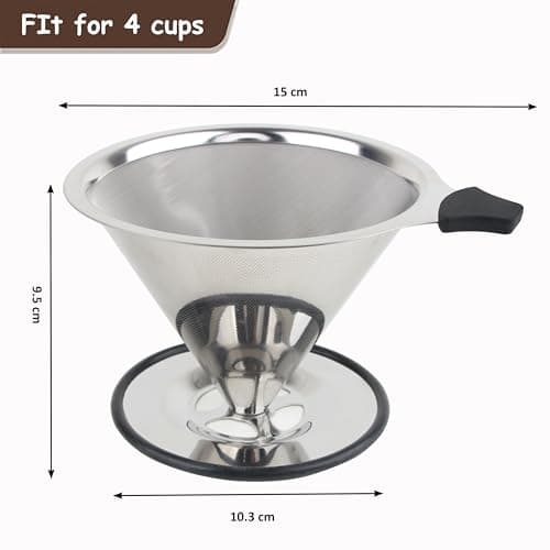 Doria Coffee Filter, Reusable Pour Over Coffee Dripper Cone, 4-Cup Stainless Steel Mesh Coffee Drip Filter with Stand, Paperless Coffee Dripper for Home, Office & Travel — view 2