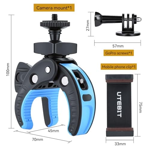UTEBIT Phone Holder Bike Max Opening 45mm Camera Clamp Mount with 1/4" Screw and Adapter Aluminium Alloy 3kg Load Capacity Super Clamp for Action, Cameras, DSLR Black&Green — view 6