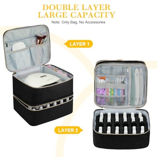 LOPHE Double-Layer Nail Polish Organiser, Double-Layer Travel Bag Storage Bags for 30 Bottles Nail Polish Lipstick and Nail Lamp, Portable Vanity Case with Nail Supplies Storage Sections (Black) — view 3