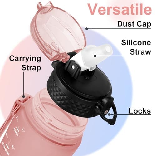 GOPPUS 500ml/17oz Kids Water Bottles with Straw Tritan Childrens Bottle with Flip Top Lid BPA Free Measured Drinks Bottle with Strap Sports Reusable Time Markings Leakproof (Pink Blue) — view 3