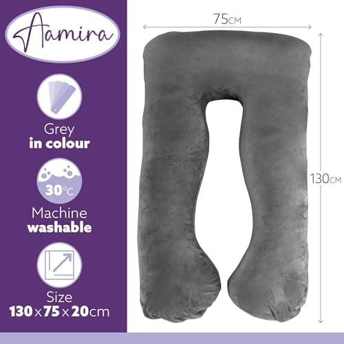 Aamira U Shaped Pregnancy Pillow, Memory Foam, Velvet Cover, Dark Grey — view 3