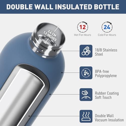 Exllena 1l Water Bottles Metal with Handle Lid and Carabiner, Double Wall Vacuum Drinks Bottle Keeps Drinks Cold 24 Hrs/Hot 12 Hrs, Stainless Steel Water Bottle BPA Free(Whale Blue) — view 2