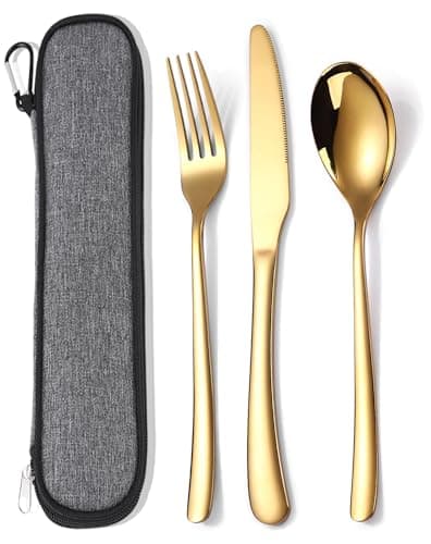 MURRI&MURRDI Stainless Steel Cutlery Set for 1, Reusable Flatware Set with Case, Cutlery Set for Work Stainless Steel Knife Fork Spoon Set 3 Piece (3 Gold)