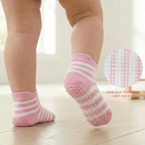 Admygo 6 Pairs Striped Toddler Grip Socks Size M for Girls 1-3 Years, Soft Cotton Baby Anti-Slip Walking Socks, Breathable Non-Slip Slipper Socks for Active Infants — view 5