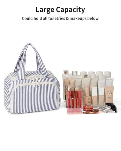 Narwey Large Toiletry Bag for Women, Travel Wash Bag Women for Full Size Toiletries, Wide Open Toiletries Bag Makeup Cosmetic Organizer Bag for Essentials Accessories (Greyish Blue Stripe) — view 6