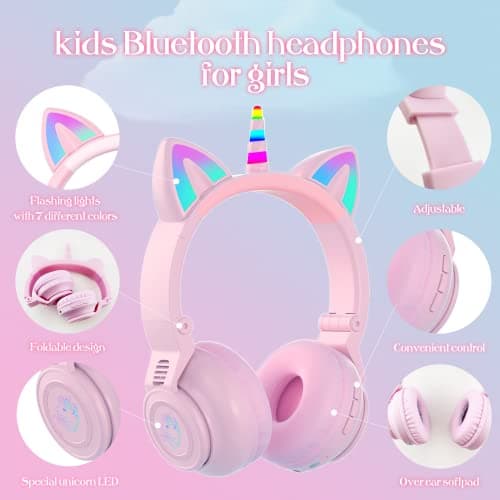 YUSONIC Unicorn Headphones, Bluetooth Headphones for Girls Boys Laptop Tablet, LED Lighting Kids Headphones for Birthday Travel School Gifts (Purple 27) — view 4