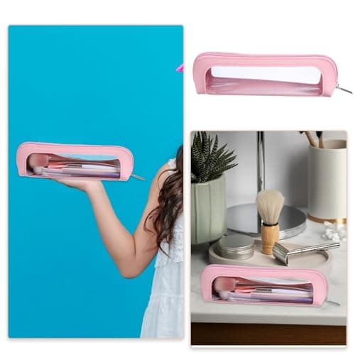 Small Clear Makeup Bag, PU Leather Travel Makeup Brush Bag Portable Transparent Waterproof Cosmetic Organizer Pouch with Zipper for Women Home Travel Office Cosmetic Storage (Pink) — view 6