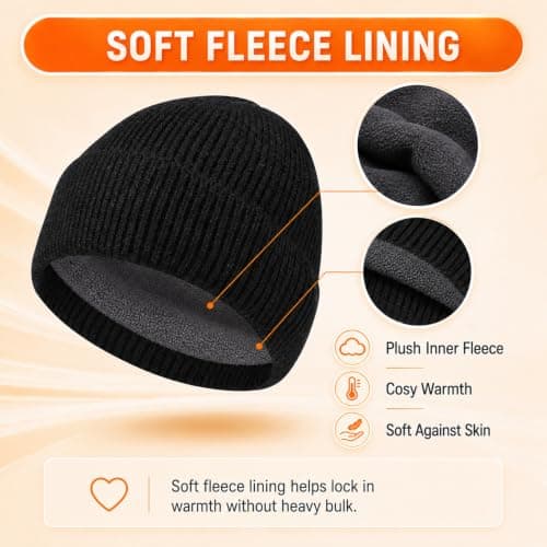 WHJYCC Black Beanie Hat for Men & Women, Fleece Lined Winter Knit, One Size — view 6