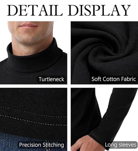Hisir Men's Thermal Top, Long Sleeve Cotton Roll Neck Base Layer, Black, S — view 3