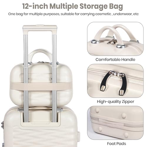 H.yeed 20 Inch Cabin Suitcase with 12 Inch Vanity Case Lightweight ABS Hard Shell Suitcase Trolley Luggage Travel Case with Spinner Wheels (Beige, 2 pc Set) — view 6
