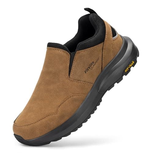 FitVille Extra Wide Slip-On Trainers for Men Comfortable Outdoor Walking Hiking Shoes, Foot Pain Relief Wide 11 UK Dune Brown