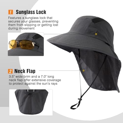 TOP-EX M/L/XL/XXL Unisex Mens Sun Hat with Neck Flap Sunglass Lock UV Protection Summer Hats Wide Brim Outdoor Fishing Hats Waterproof & Packable Dark Grey M/L — view 3