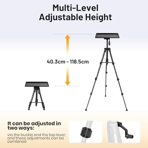 CAHAYA Heavy Duty Projector Stand - Max Load 20kg Adjustable Laptop Tripod with Tray 40.3-118.5cm Portable DJ Equipment Mount 360° Rotation Level & Adaptive Feet for Outdoor Movie、Office、Studio — view 2