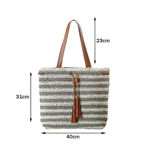 Hixingo Women Straw Bag, Summer Beach Large Hand-Woven Shoulder Bag Bohemian Stripe Straw Bag Crossbody Bag Zipper Tote Bag for Gift Holiday Travel Shopping (40x31x23cm,Grey) — view 3