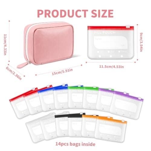 A8 Waterproof Pill Organiser Pouch Set with14 Color-Coded Bags Large Capacity Pill Pouches for Travel Reusable Medicine Pouch for Medication/Fish Oils/Vitamins 14 Day Travel Pill Box (Pink) — view 2