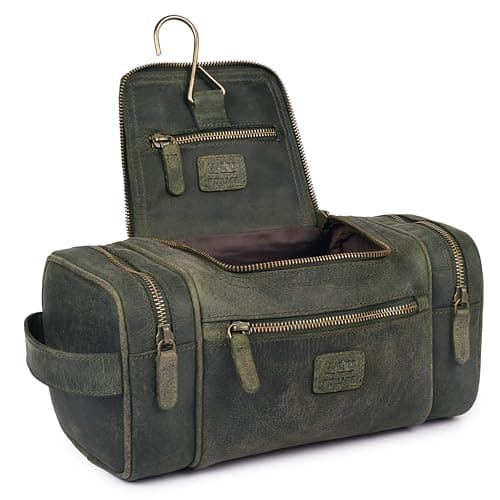 LEATHER VILLAGE Large Leather Toiletry Bag for Men, Hanging Dopp Kit, Olive, 12''x5.5''x5.5'', Vintage Leather Toiletry Bag