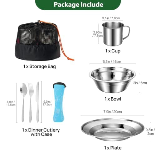 Odoland Camping Cutlery Set - Stainless Steel Tableware Mess Kit Plate Cup Fork Spoon, 8 in 1 Flatware Kit with Mesh Bag - Dinnerware Utensils Set for Outdoor Camping Hiking and Picnic for 1 People — view 2