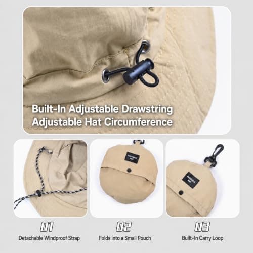 RubyTint Waterproof Bucket Hat Women & Men, Khaki Foldable Wide Brim Sun Hat with Adjustable Drawstring, Lightweight Quick-Dry UV Protection for Travel, Beach, Hiking, Fishing & Camping (Khaki) — view 4