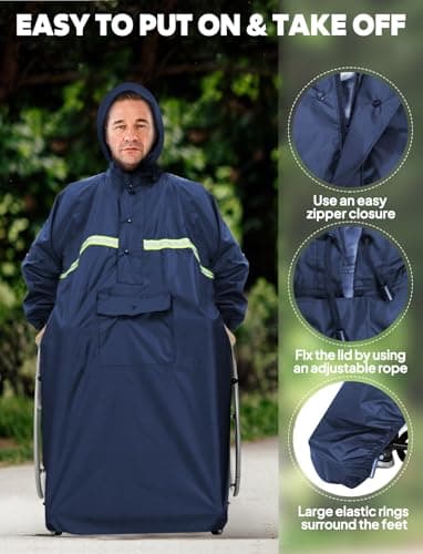 ANYOO Waterproof Wheelchair Poncho Cover with Sleeves, Lightweight Rain Poncho Cape Shield with Elastics Provide Dry Protection for Wheelchairs, Unisex, Dark Blue, One Size — view 4