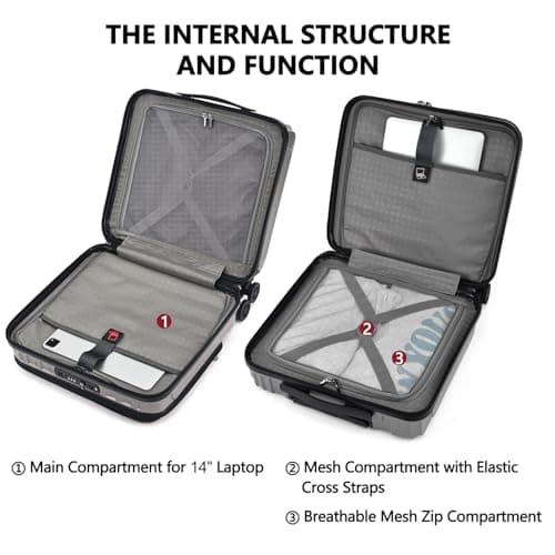 TydeCkare 16" Carry on Luggage with 2 Laptop Compartments, ABS+PC Suitcase with Dual Control TSA Lock, 4 Spinner Wheels, for Business Travel, Silver Grey — view 5