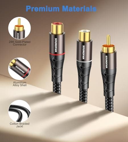 SOUNDFAM RCA Y Splitter RCA Cable 1 Male to 2 Female Gold-Plated Plug Subwoofer Splitter Stereo Y Adapter for Subwoofer, TV, CD Player, Home Theater-Black(1Feet/30cm) — view 3