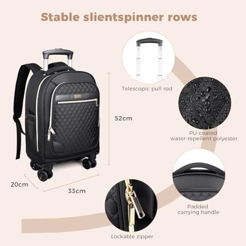 Women's 15.6" Wheeled Backpack -Lightweight Travel Trolley Carry-On Luggage (52x32x20cm) -Waterproof laptop bag on wheels & Telescopic Handle for Business, College, and Airplanes -30L Capacity - Black — view 3