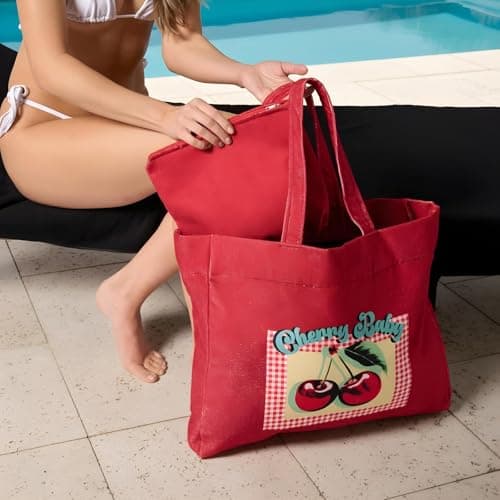 OHS Large Beach Bags for Women, Cherry Baby Slogan Beach Tote Bag with Matching Zip Pouch Waterproof Lining Reusable Grocery Bags for Women Travelling Shopping Pool, Red — view 3