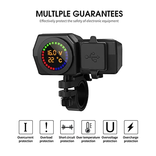 Motorcycle USB Charger Waterproof, Dual Quick Charge Ports - 5V 3.4A/3A USB and Type-C PD, Motorbike Handlebar Adapter Charger Socket with Power Switch, Voltmeter & Thermometer for Phone, Tablet, GPS — view 4