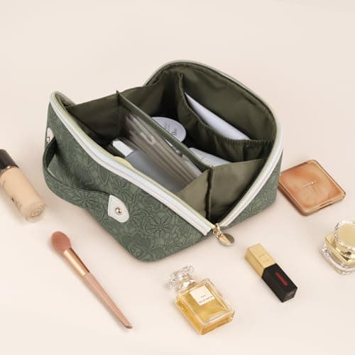 Prite Travel Makeup Bag Flat Lay Cosmetic Case with Brush Pocket, Green, M — view 6