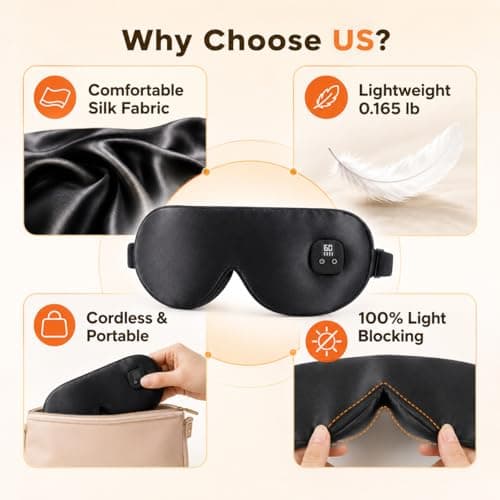 Cordless Silk Heated Eye Mask, Electric Warm Eye Compress with 4 Heat Levels 4 Time Settings, 1000mAh Rechargeable Heated Eye Pad with 2 Detachable & Washable Covers (Black, Navy Blue) — view 5