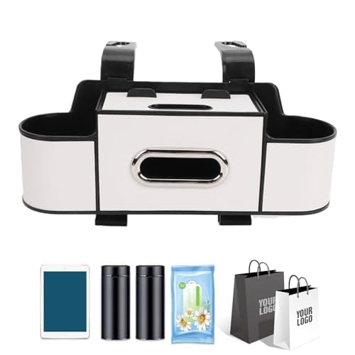 Tnfeeon Car Back Seat Organizer, Tissue Dispenser Headrest Storage Box with Dual Cup Holders Deep Slots and Two Bottom Hooks for SUV Truck Sedan Parents Road Trip Use Keeps Items Off (Cream White) — view 2