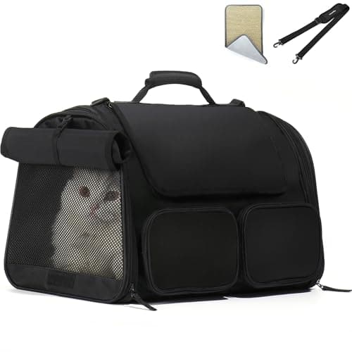 FUKUMARU Cat Carrier, 4 Mesh Windows Small Dog Carrier, 4 Storage Pockets Cat Travel Bag, Under 6.8 Kg Airline Approved Pet Carrier, Rollable Cover for Nervous Cats, Black