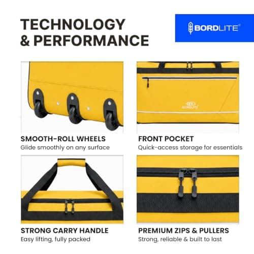 Bordlite 105L Extra Large Travel Bag on Wheels – 30 Inch Water-Resistant Tarp Holdall with 3 Smooth Wheels, Pull Handle & Quick-Access Pocket – Holiday and Storage Luggage, 77x38x36cm, Yellow — view 2