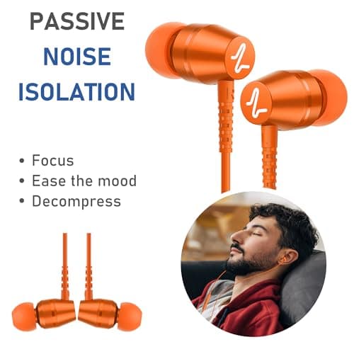 Ludos OMNITONE Wired Earbuds in-Ear Headphones, Earphones with Microphone, 5 Years Warranty, Noise Isolation Corded for 3.5mm Jack Ear Buds for iPhone, iPad, Samsung, Laptop, Gaming, Sports - Orange — view 5
