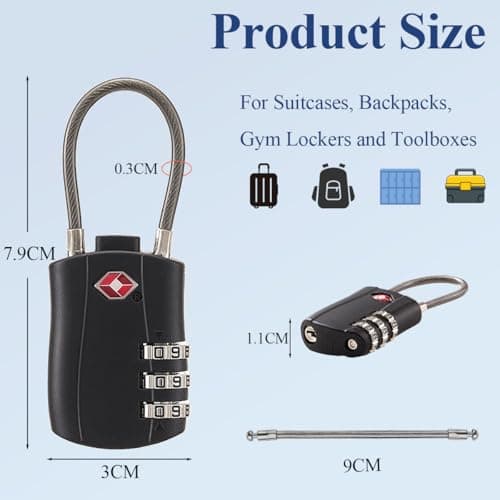 TSA Approved Luggage Locks (2 Pack) - 3 Digit Combination Padlock with Flexible Cable, Black Security Suitcase Locks for Travel Bags, Gym Lockers and Backpacks. — view 2