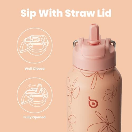 BOTTLE BOTTLE Insulated Water Bottle 950ml(32oz) Stainless Steel Sports Water Bottles with Straw Dual-use Lid Drink Flask Design for Gym with Pill Box (Yellow-Pinky Flower) — view 3