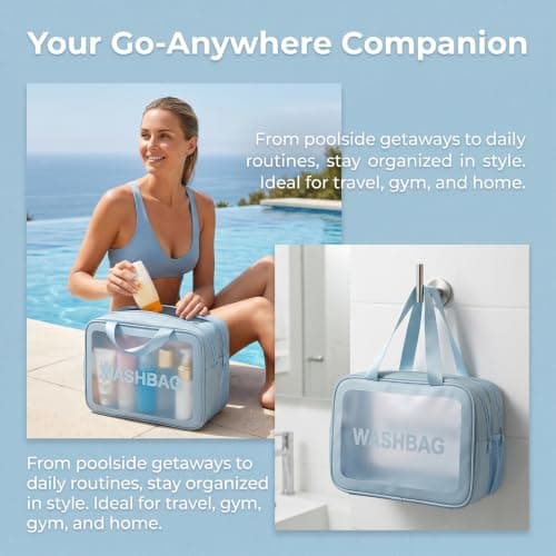 Large Double Layer Clear Toiletry Bag, Odourless Waterproof Wash Bag with Dry Wet Separation, PVC Travel Toiletries Organiser with Dual Handles, Reusable Makeup Bag for Men Women Gym Travel — view 3