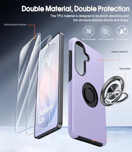 AOUIA for Samsung Galaxy S26 Case with 2-Pack Screen Protector, 3-in-1 Set Cover, 360°Rotating Ring Stand, Military Protection, Shockproof Phone Case for Samsung S26, Purple — view 6