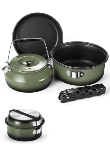 Odoland 5pcs Camping Cookware Mess Kit, Non-Stick Lightweight Pot Pan Kettle Set with a removable handle - Perfect for Backpacking, Camping, Hiking, and Picnic Green