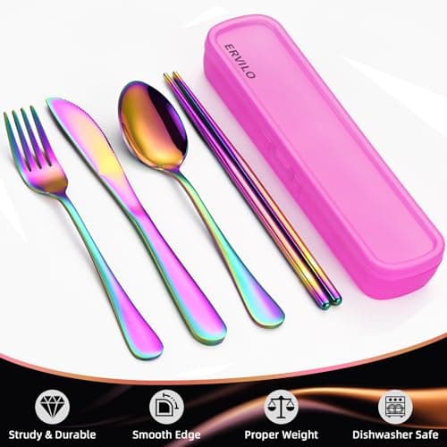Travel Cutlery Set with Case, Stainless Steel Camping Utensils, Reinforced Case with Snap-Lock Closure, Include Fork Spoon Knife Chopsticks, Portable Lunch Box Silverware for Picnic Office, Rainbow — view 5
