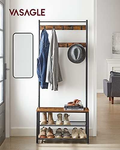 VASAGLE Coat Rack, Hallway Cabinet, Cloakroom, Clothes Rack, with Bench and Shoe Shelves, Hooks, Metal Frame, Height 175 cm, Industrial Style, Rustic Brown and Black HSR41BX — view 2