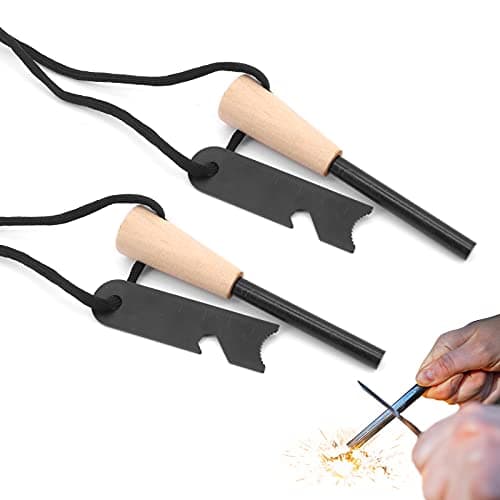 Beowanzk 2 Pack Magnesium Fire Starter with Wooden Handle - Survival Fire Steel Rod Kit, Includes Multi-Function Ruler (Bottle Opener, Measurement Scale) for Camping & Emergencies