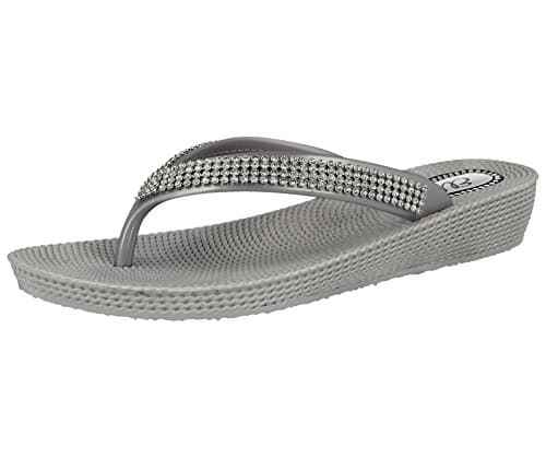 ella Ladies S1 Diamante Toe Post Flat Low Wedge Jelly Flip Flop Summer Sandals Size 3-8 (UK 5, Silver)