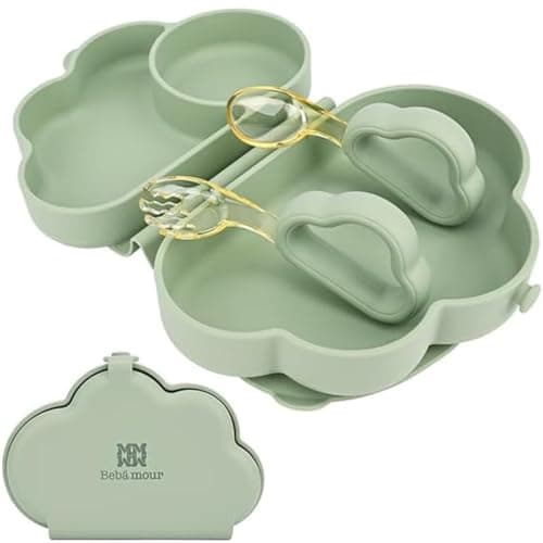 Bebamour Foldable Toddler Feeding Set with Silicone Plate, Fork & Spoon, BPA-Free Self Feeding Set for Toddlers 2-4 Years, Portable Travel Friendly Weaning Tableware, Dishwasher Safe (Sage Green)