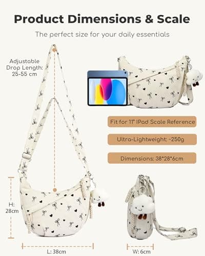 Micmores Corduroy Crescent Bag for Women - Aesthetic Printed Crossbody Moon Bag with Tablet Sleeve, Lightweight Shoulder Sling Purse for School, Travel & Daily Use (Beige-Cherry print) — view 6