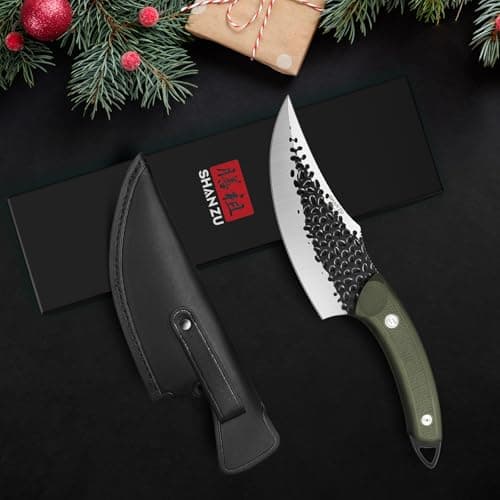 SHAN ZU Chef's Knife Hand Forged Kitchen Knives with Leather Sheath High Carbon Steel Cooking Knife Boning Knife and Full Tang G10 Waterproof Handle, Professional for Home, Camping, BBQ - Green — view 6