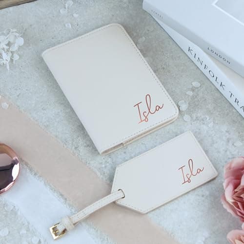 eBuyGB Personalised Named Passport Holder & Luggage Tag Travel Set, Travel Gift, PU Leather Suitcase Tag & Passport Covers (Oyster) — view 2