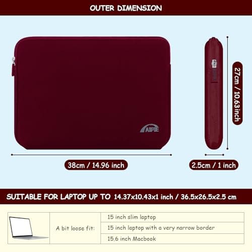 AIPIE Laptop Sleeve 15 15.6 Inch Laptop Case for Gaming PC Bump Absorb Briefcase Carrying Bag Compatible with MacBook, Acer, Asus, Dell, Lenovo, Microsoft, HP Durable Notebook Cover, Red 15.6 Inch — view 2